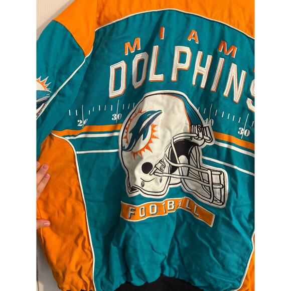 NFL Miami Dolphins Varsity Racing Canvas Oversized Jacket Orange Teal Sz: XL - Picture 6 of 7